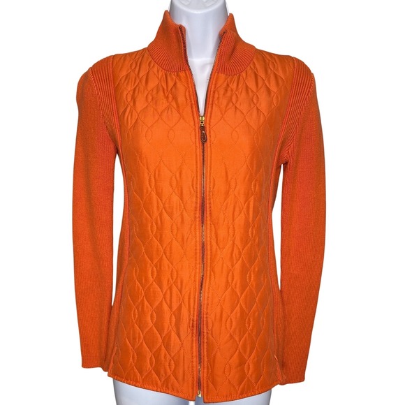 J.McLaughlin Sweaters - J.McLaughlin Womens Orange Quilted Silk Ribbed Knit Jacket Sz XS Old Money Chic